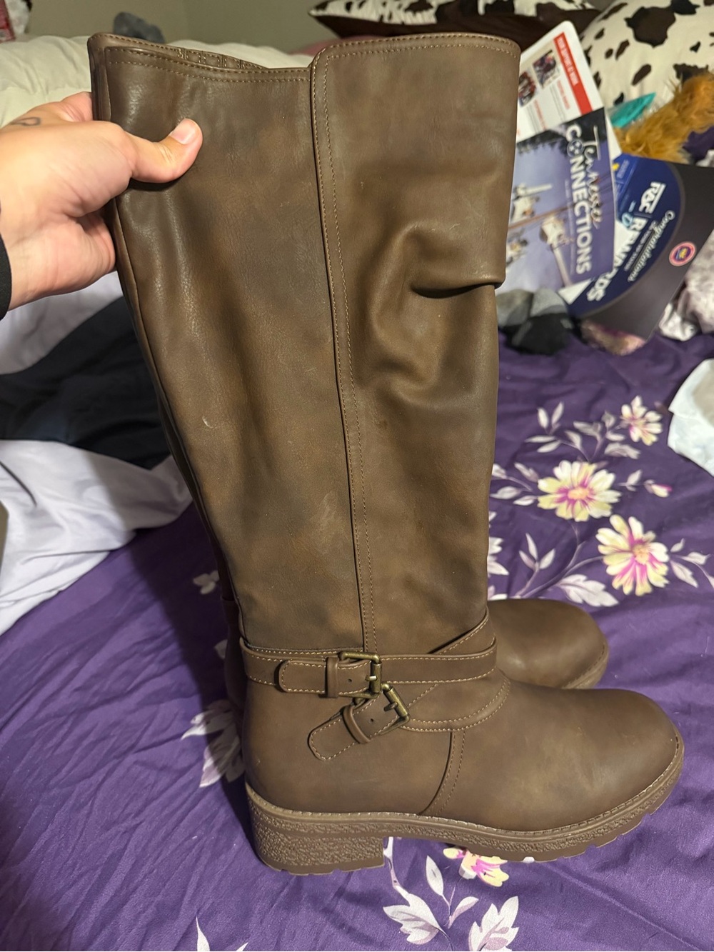 Women’s Brown Mid-Calf Heeled Riding Boots with Buckle Detail